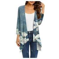 Жилетка за жени, облечени отворени флорални флорални отпечатани с нисък подгъв в ръкав небрежен меки жилища с джобни светлосини XL с джобни синьо