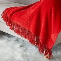 Коледно червено хвърляне на одеяло за дивана, меки одеяла за хвърляне на ченил с декорация пискюл, кадифена текстура плетено хвърляне за домашен диван стол легло