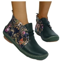 WeFuesd Cowgirl Boots Uggs ретро жени кожена кожена плоска дантелена печат за цветя къси обувки кръгли обувки с пръсти Зелени 38