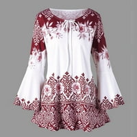 Плюс размер блуза жени реколта печат лък v-образен бродерия лято три четвърти ретро солидни върхове тениска