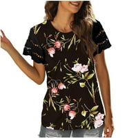 Дамска модна тениска флорална печатница дантела с къси ръкав кръгли върхове лятна ежедневна риза черна l