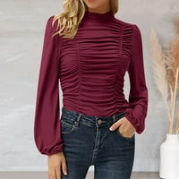 Тениски на Wozhidaoke за жени дамски елегантна костенурка Ruched Ruffle Trib Blouse Blouse Rish Top XL