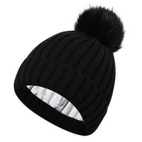 Roniky дамски зимна шапка, коприна сатен облицована fau fur pom pom beanies шапка за жени момичета топли зимни плетени шапки черни