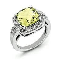 Sterling Silver Rhodium Checker-Cut Lemon Quartz & Diam. Пръстен