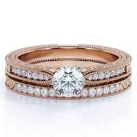 Сертифицирана лаборатория отглеждана диамант Milgrain Filigree Art Deco 0. Карат кръгла форма Диамант Prong Сватбен пръстен Комплект в 10K розово злато