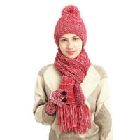Susanny Womens Beanie Hat Gloves Шал комплект пътуващи шалове кръг модна мащаба лека помпом зима на открито шал плетат за жени облечени уютни деколтета червено червено