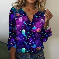 Хелоуин суитчъри за жени Дамски есенни модни жени Топ свободен небрежен V-образно деколте Хелоуин отпечатани блузи Тениска с ръкав