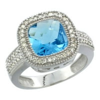 14K бяло злато естествено швейцарско синьо топаз възглавница на пръстена 9x диамантен акцент, размер 8.5