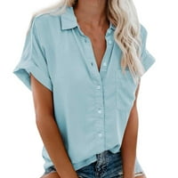 Плюс размер свободни ризи дамски ризи с къс ръкав v Врат Лято солидна тениска с тениска с яка с яки с джобове с джобове