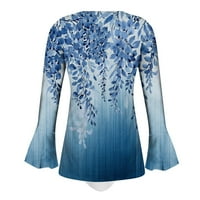 Бутон за разчистване на ризи за жени Печат на туника върхове облечени ежедневни звънец с дълъг ръкав v-образни блузи сини m