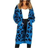 Женски пуловерни палта за зимен- леопардов принт Модна модна топло яке с дълга сако гърнек кардиган с дълъг ръкав яке синьо