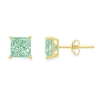 0. CT Princess Cut studs Зелен симулиран диамант 18k Обеци от жълто злато се отблъсквайте назад