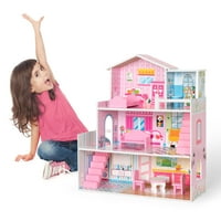 Дървена къща за кукли за деца с мебели предучилищна кукла къща Игра за дърво кукла за малки деца момичета кукла