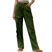 Ylioge Cargo Pants за жени плюс размер лято и есен небрежен тесен талия с джобове и копчета твърди цветни дънки панталон