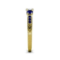 Диамантен и син сапфирен каменен пръстен със син сапфир на страничен бар 0. CT TW 14K Жълто злато.Size 7.5